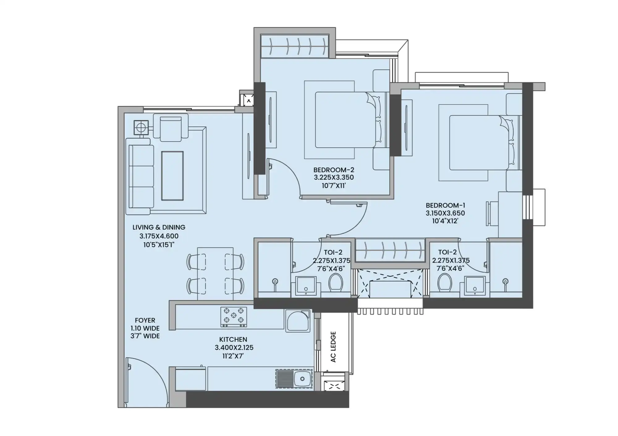 2 BHK Floor Plan at Raheja Jade City Juinagar - 700-710 sq.ft Carpet Area