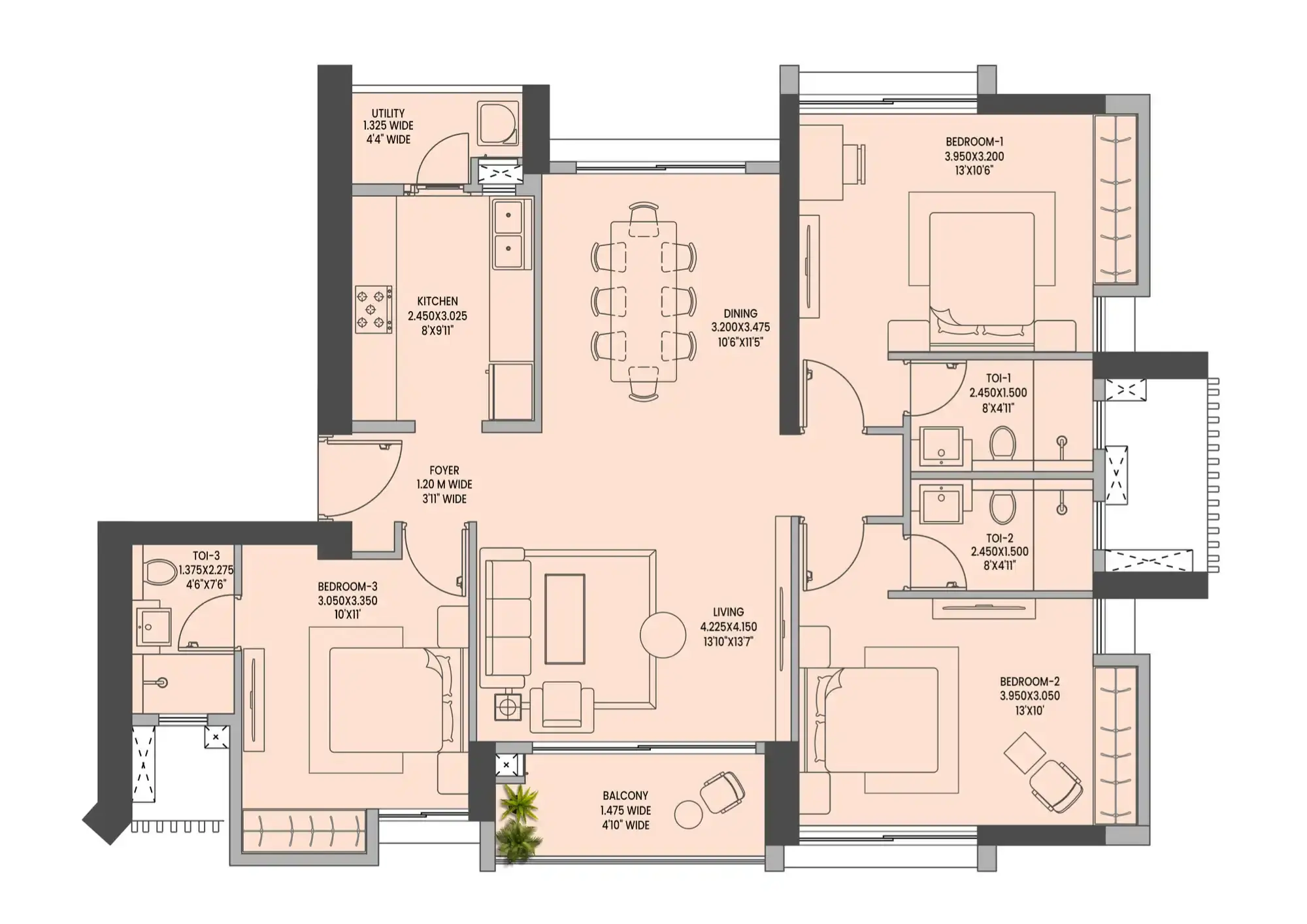 3 BHK Floor Plan at Raheja Jade City Juinagar - 1020-1030 sq.ft Carpet Area